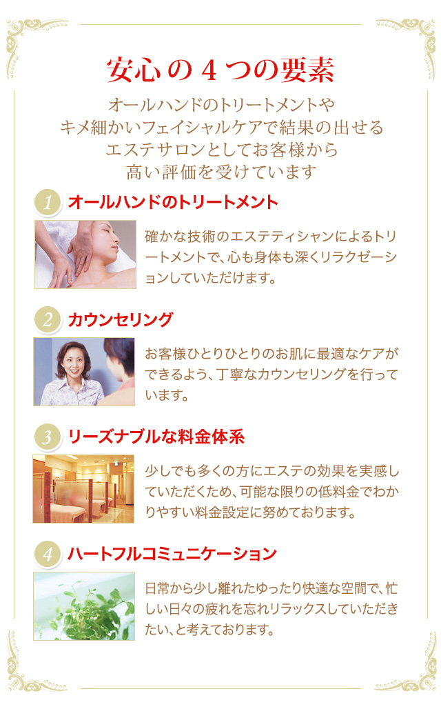オールハンドのマッサージ・カウンセリング・エステ化粧品・リーズナブルな 料金体系・ハートフル コミュニケーション