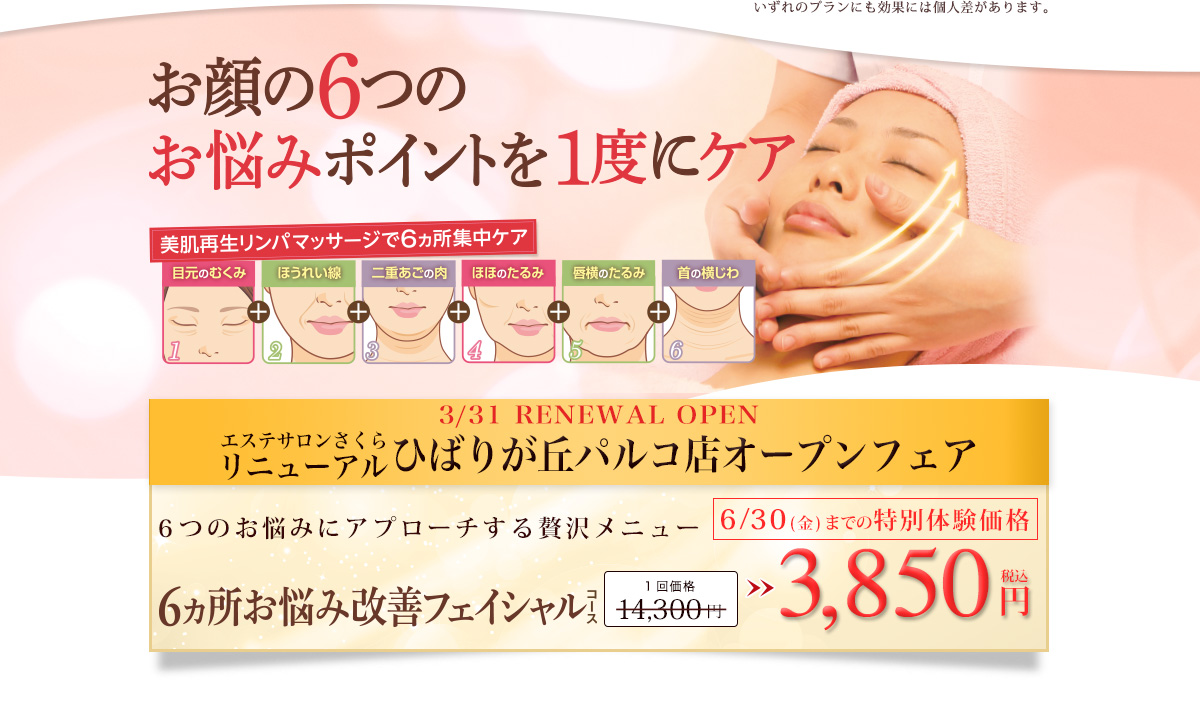 年齢からくるお肌の悩みに徹底対応 アンチエイジング　美肌再生リンパマッサージ ウェブ限定価格　2,600円
