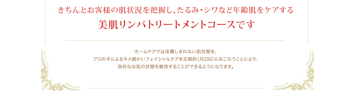 きちんとお客様の肌状況を把握し、お悩みを解決する 美肌再生リンパマッサージエステコースです