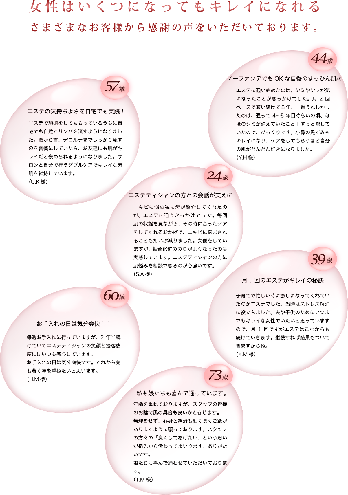 女性はいくつになってもキレイになれる さまざまなお客様から感謝の声をいただいております。